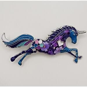 Unicorn Brooch Blue & Purple Floral Print Enamel on Silver Tone Metal